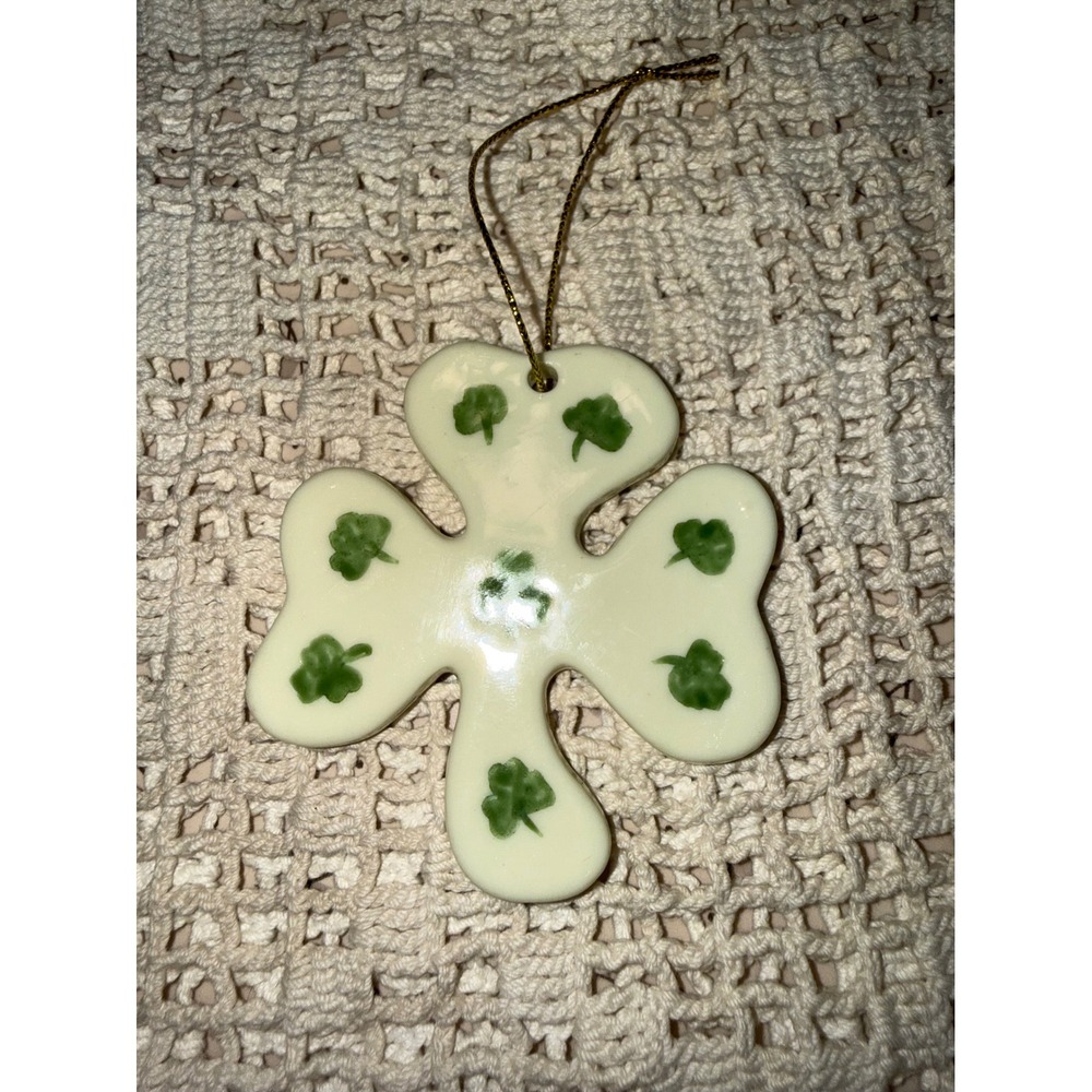 Vintage Ceramic Shamrock Ornament St Patricks Day Four‎ Leaf Clover Green Cream
